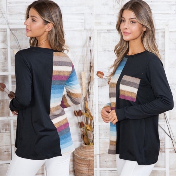 Gorgeous hacci brushed soft trendy striped womens pocket top - Picture 3 of 3